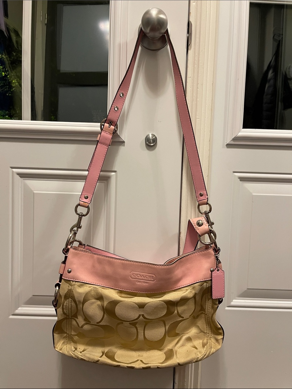 Coach Pink Trim Khaki Signature Shoulder Bag